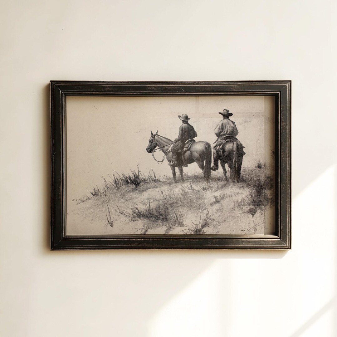 Vintage Cowboys on Horses Sketch Print Western Poster Cowboy Wall Art ...