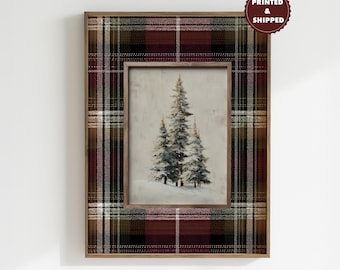 Classic Christmas Plaid Print Vintage Winter Pine Tree Wall Art, Christmas Cabin Decor, Neutral Alpine Forest Farmhouse Gift