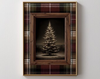 Classic Christmas Plaid Print Vintage Winter Pine Tree Wall Art, Christmas Cabin Decor, Neutral Alpine Forest Farmhouse Gift