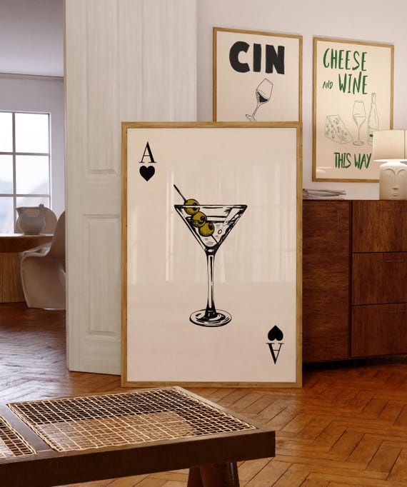 Ace Of Spades Martini Print Kitchen Wall Art Retro Cocktail Poster Aesthetic Modern Kitchen Bar Cart Playing Card Happy Hour Trendy Decor