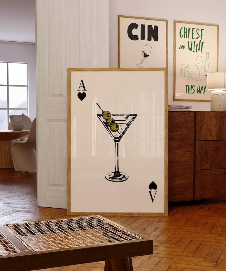 Ace Of Spades Martini Print Kitchen Wall Art Retro Cocktail Poster Aesthetic Modern Kitchen Bar Cart Playing Card Happy Hour Trendy Decor