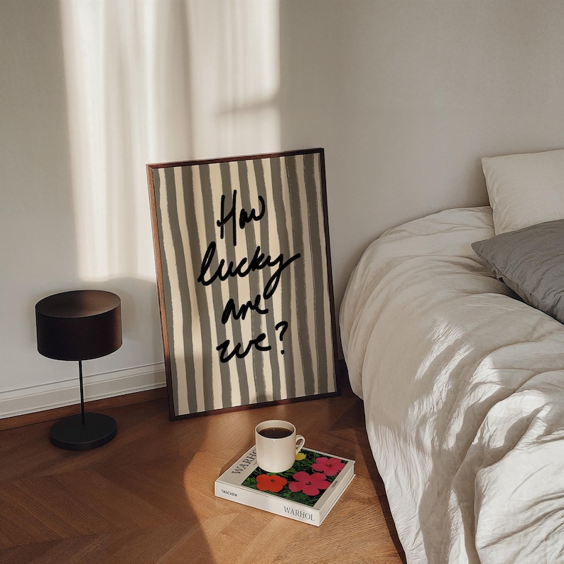 How Lucky Are We Print, Black White Stripe, Trendy Aesthetic Home Decor, Cute Positive Quote Gift Girly Wall Art Dorm Preppy Inspiring Decor