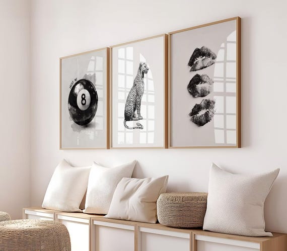 Set of 3 Retro 8 Ball Poster Cheetah Print Trendy Kiss Lips Y2k Apartment Prints Aesthetic Chic Wall Art Dorm Room Decor College Poster Gift