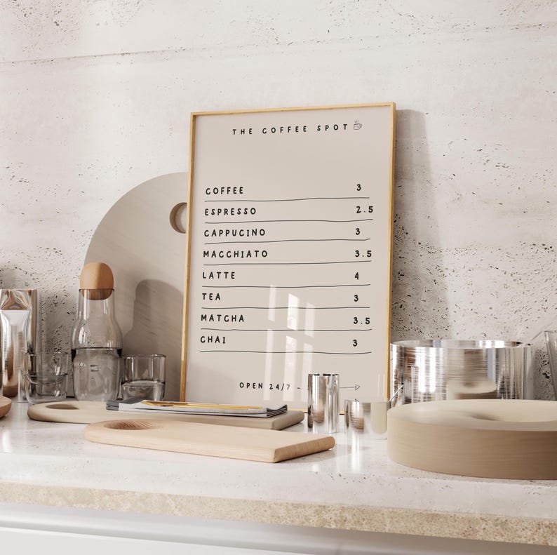 Coffee Menu Poster Cafe Print, Retro Coffee Art Espresso Print, Breakfast Coffee Bar Decor, Modern Kitchen Wall Art, Trendy Kitchen Poster