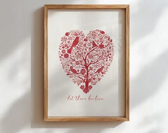 Let There Be Love Print, Modern Valentine Wall Art, Romantic Trendy Red Heart Decor, Digital Download
