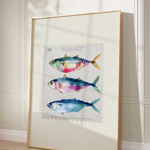 Vintage Fish Print Aesthetic Trendy Print,  Kitchen Wall Art, Beach House Artwork Apartment Decor, Vintage Stamp Modern Food Home Decor Gift