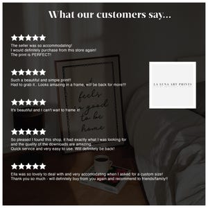 K&ouml;nnte beinhalten: Eine Collage von Kundenbewertungen f&uuml;r digitale Kunstdrucke. Die Bewertungen sind positiv und heben die Qualit&auml;t der Drucke, die Benutzerfreundlichkeit und den Kundenservice des Verk&auml;ufers hervor. Der Text im Bild lautet "What our customers say..." und "LA LUNA ART PRINTS".
