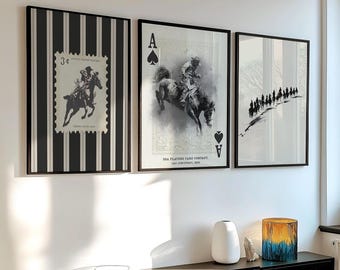 Juego de 3 impresiones de rodeo a rayas vintage, póster del oeste, arte de pared de vaquero, decoración rústica de granja del Medio Oeste, decoración moderna, caballos retro, impresión de regalo estética