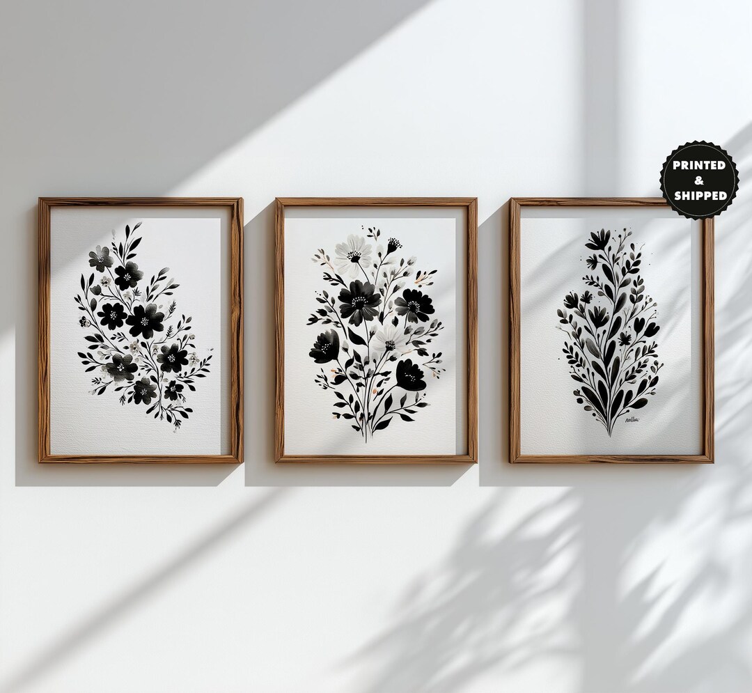 Vintage Black White Botanical Print: Set of 3 Floral Wall Decor, French ...