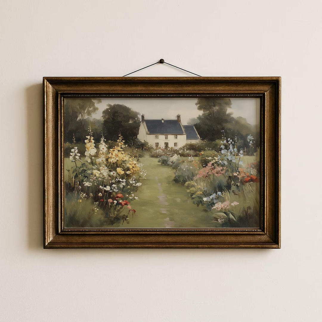English Cottage Garden Wall Art, Spring Landscape Oil Painting Print ...