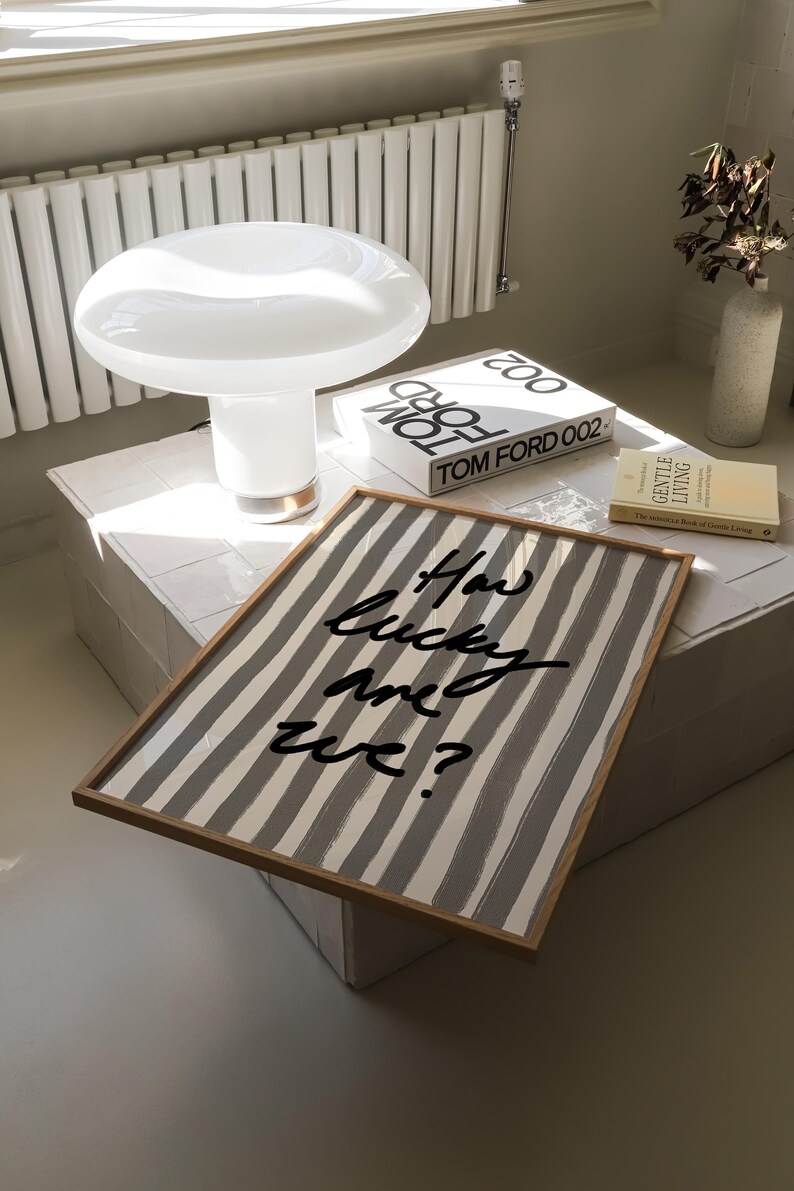 How Lucky Are We Print, Black White Stripe, Trendy Aesthetic Home Decor, Cute Positive Quote Gift Girly Wall Art Dorm Preppy Inspiring Decor
