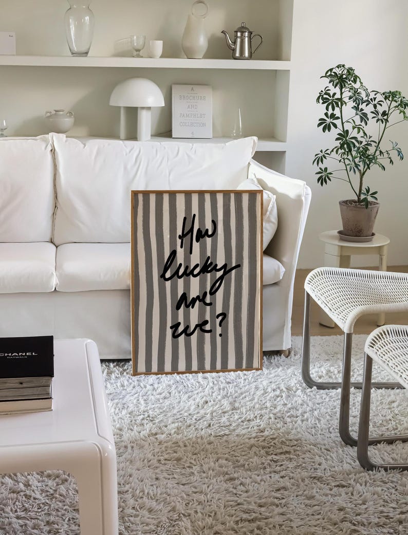 How Lucky Are We Print, Black White Stripe, Trendy Aesthetic Home Decor, Cute Positive Quote Gift Girly Wall Art Dorm Preppy Inspiring Decor