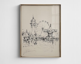 Vintage Fairground Sketch Print, Rustic Carnival Drawing, Cozy Farmhouse Cottagecore Home Decor, Digital Download