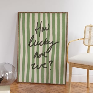 How Lucky Are We Print, Pink Red Stripe, Trendy Aesthetic Home Decor, Cute Positive Quote Gift, Girly Wall Art Dorm Preppy Inspiring Decor