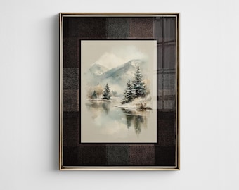 Classic Christmas Plaid Print Vintage Winter Pine Tree Wall Art, Cottage Cabin Decor, Neutral Alpine Forest Farmhouse Gift