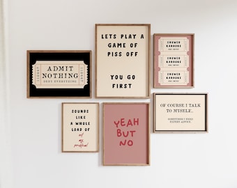 Funny Quote Print Set of 6 Rude Gallery Wall Home Poster Retro Ticket Wall Art | Trendy Sarcastic Bathroom Decor Humorous Digital Download