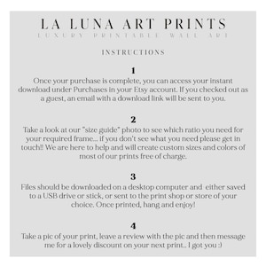 May include: A white printable wall art instructions sheet from La Luna Art Prints. The text includes instructions for accessing digital downloads, sizing, and printing. The sheet also mentions custom sizes and colours.