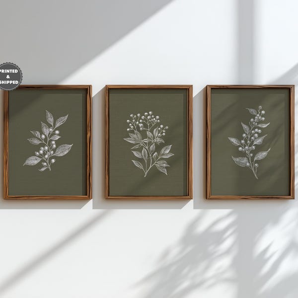 Vintage olijfgroene botanische print: set van 3 bloemen wanddecoraties, Franse landelijke wandkunst. Gedrukt en verzonden.