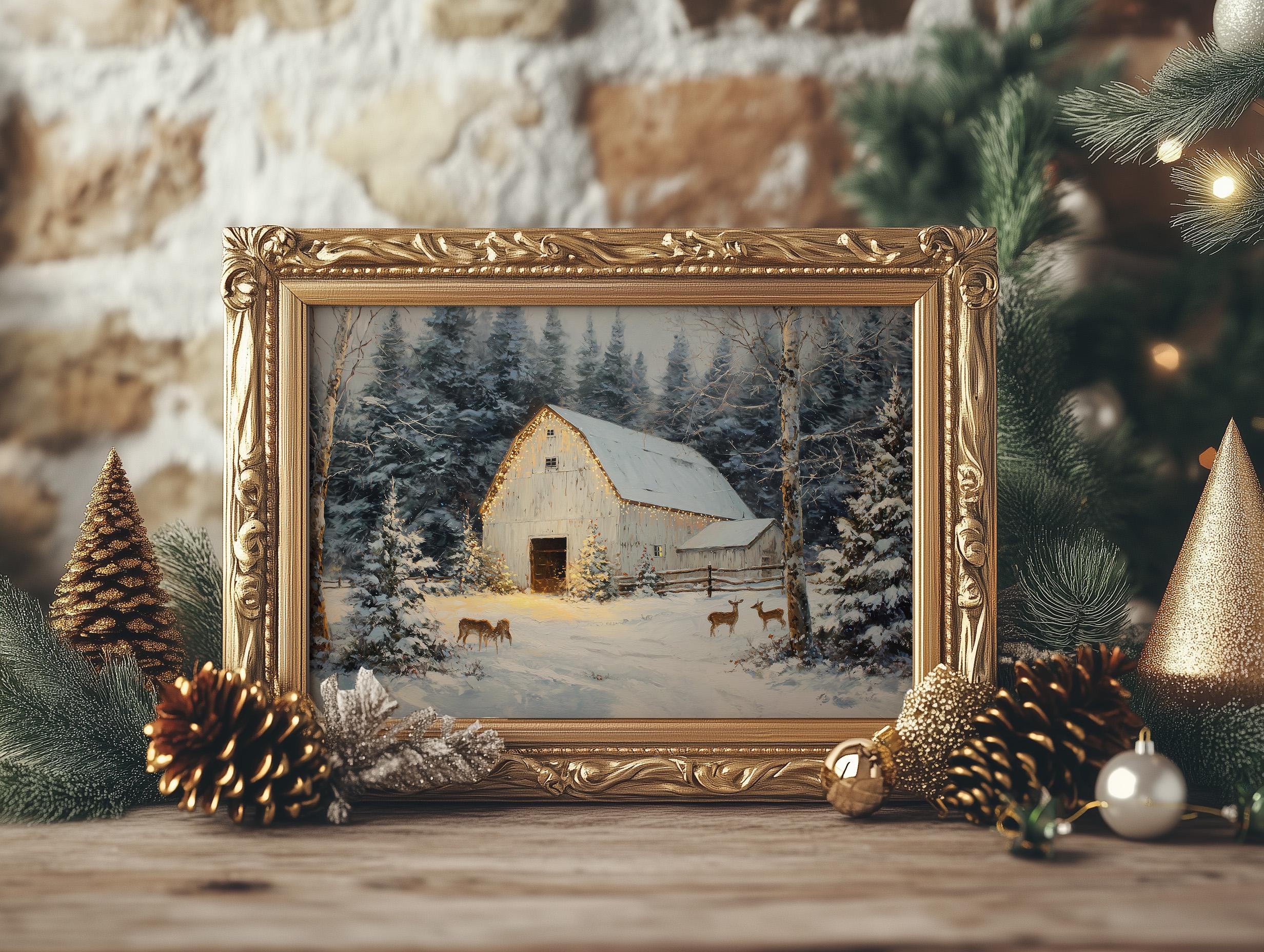 Rustic Christmas Barn Print Snowy Winter Landscape Painting Vintage ...