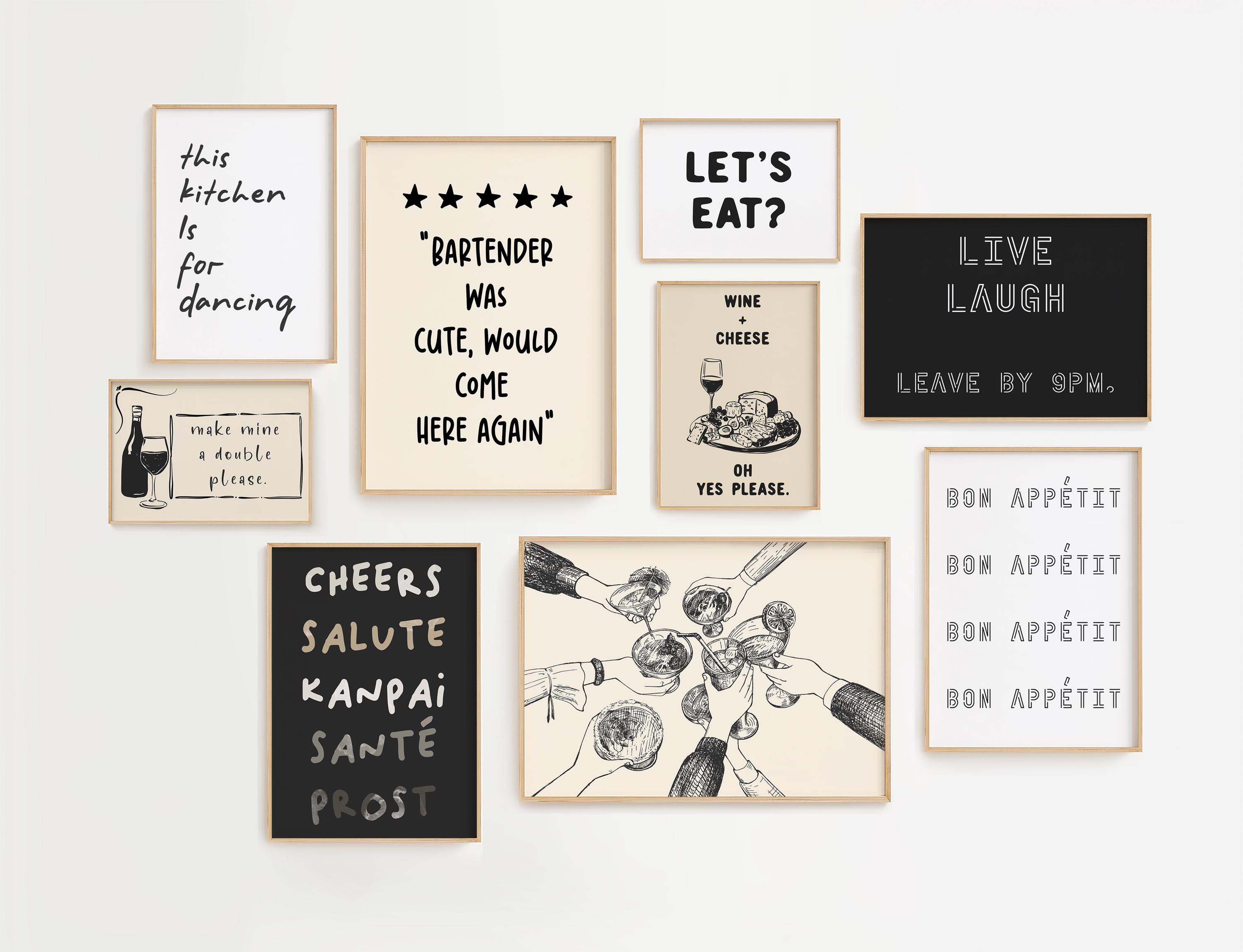 kitchen prints | 9 printables | trendy kitchen wall... Trendy Kitchen Wall Art Set of 9 Prints Modern Bar Cart Retro Wine ...
