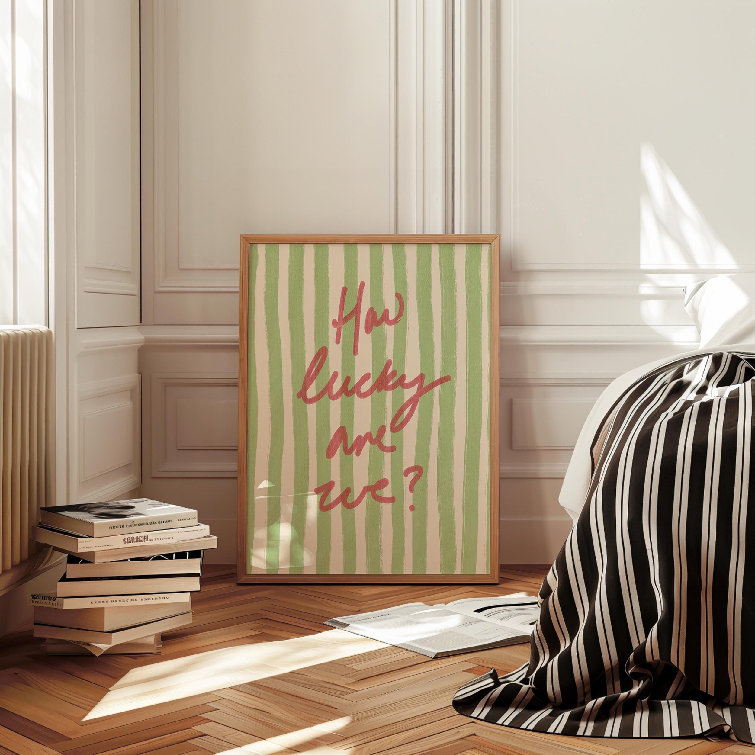 How Lucky Are We Wall Art - Pink & Green Striped Inspirational Poster 12x18 Inch