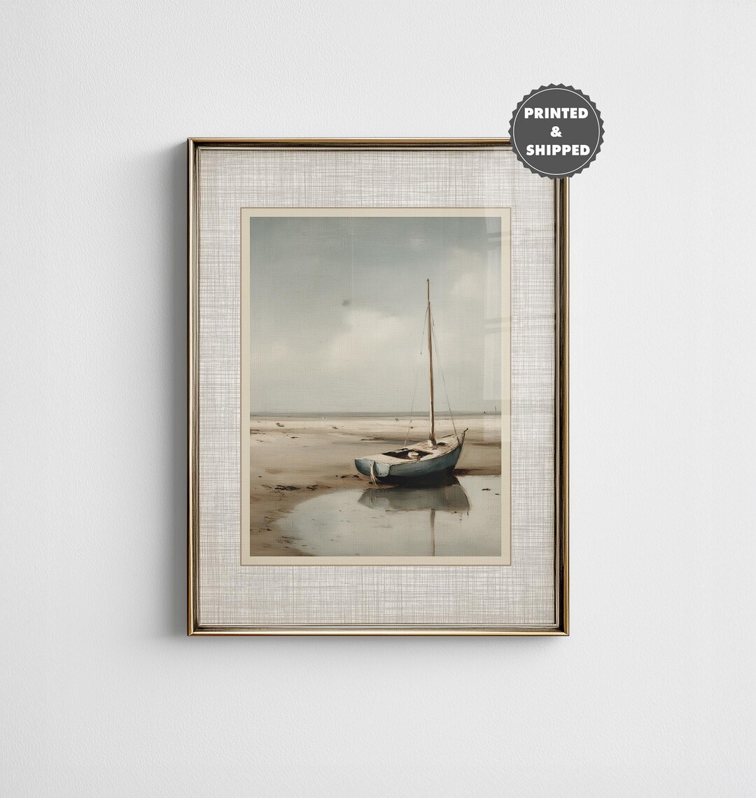 Rustic Sailboat Painting, Vintage Nautical Decor, Minimal Coastal Art ...