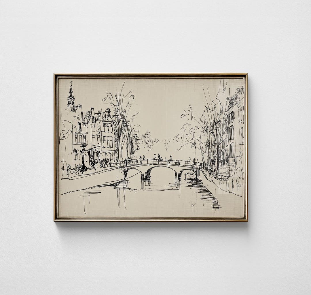 Vintage Amsterdam Sketch Print, Minimalist Cityscape Canal Drawing