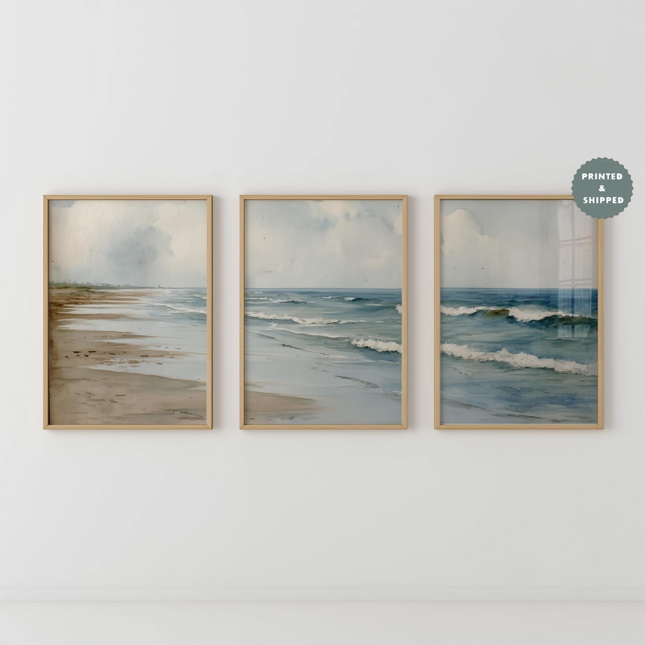 Rustic Pcean Background Vintage Beach Painting Set of 3 Soft Coastal Summer Rustic Ocean Print ...