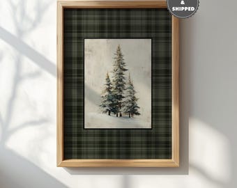 Classic Christmas Plaid Print Vintage Winter Pine Tree Wall Art, Cottage Cabin Decor, Neutral Nordic Forest Farmhouse Printed and Shipped