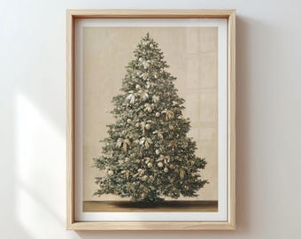 Elegante vintage kerstboomprint, tijdloos neutraal feestelijke boerderijvakantie winterdecor, digitale download