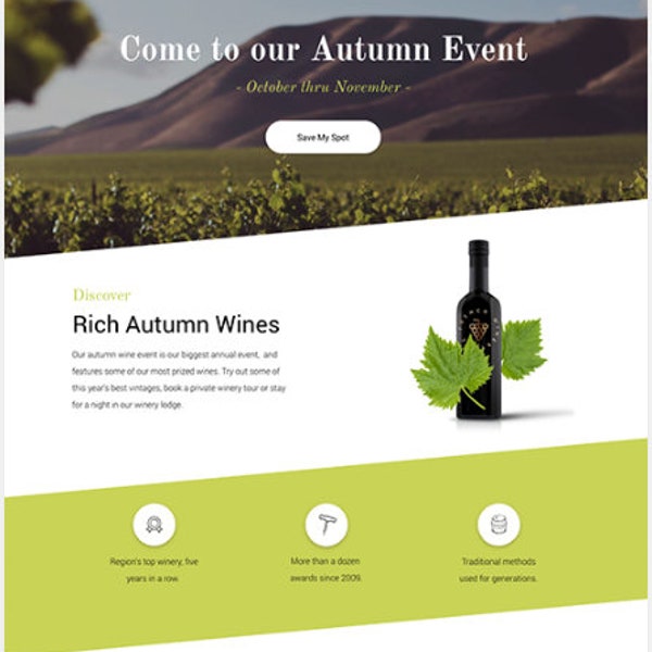 Winery Landing Page Template: Modern, Showcase Wines & Events