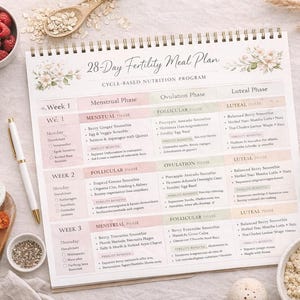 May include: A spiral-bound 28-Day Fertility Meal Plan with floral accents. The plan is divided into phases: Menstrual, Follicular, Ovulation, and Luteal. The image includes a bowl of raspberries, a wooden spoon with oats, and other food items.