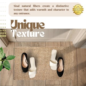 May include: A natural fiber doormat with a woven texture. The doormat is beige and has a subtle pattern. Two pairs of shoes are on the doormat, one pair is black and the other is white.