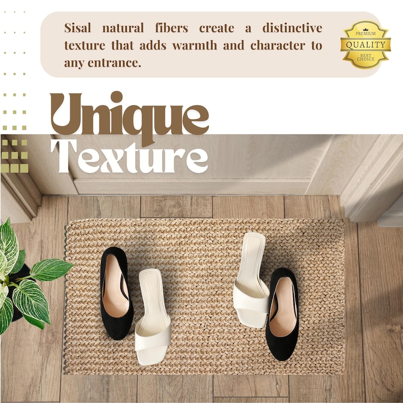 May include: A natural fiber doormat with a woven texture. The doormat is beige and has a subtle pattern. Two pairs of shoes are on the doormat, one pair is black and the other is white.
