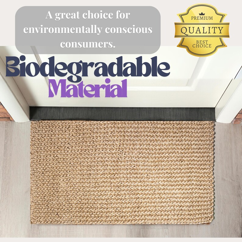 May include: A natural fiber doormat made from biodegradable material. The mat is beige and has a woven texture. The text "Biodegradable Material" is displayed above the mat. A premium quality seal is displayed in the top right corner.