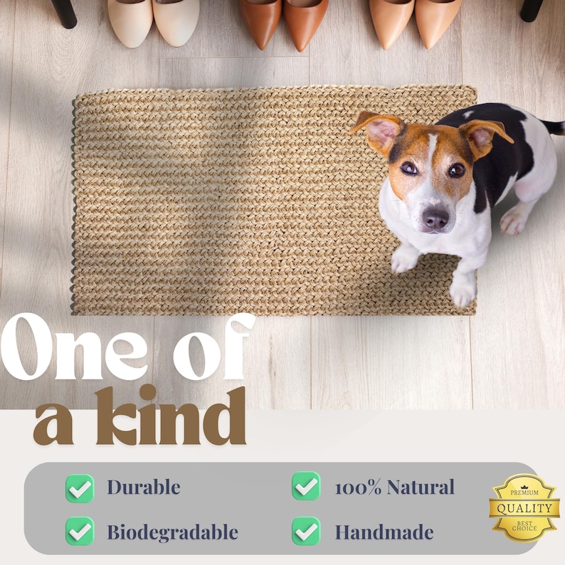 May include: A natural fiber doormat with a woven texture. The mat is beige and has the text "One of a kind" printed below it. The mat is durable, biodegradable, and handmade. The text "100% Natural" and "Handmade" are checked off in green checkboxes.