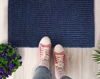 Handwoven Blue Palm Fiber Door Mat, Natural Entryway Rug