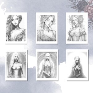 May include: Six black and white illustrations of women with long hair, wearing different styles of clothing. The women are drawn in a realistic style and have a variety of expressions on their faces.