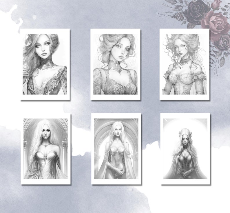 May include: Six black and white illustrations of women with long hair, wearing different styles of clothing. The women are drawn in a realistic style and have a variety of expressions on their faces.