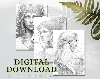 May include: A set of six digital coloring pages featuring detailed illustrations of women with intricate floral crowns and flowing hair. The text "DIGITAL DOWNLOAD SET OF 6 COLORING PAGES PDF FILE" is displayed at the bottom of the image.