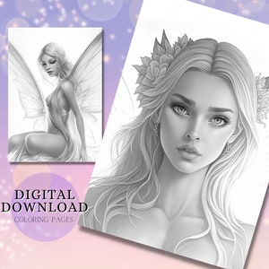 Beautiful Fairies | Grayscale Fairy Coloring | Fantasy Coloring Pages | Digital download