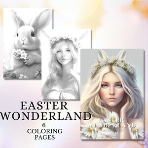 Easter Wonderland | Grayscale Easter Coloring Pages for Adults | Featuring Cute Easter Bunnies, Chicks, and Eggs | Instant download PDF