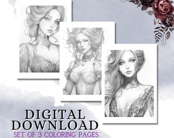 Gothic Portrait Coloring Pages: Dark Elegance Grayscale Art (Digital Download)