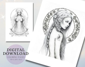 Zodiac Coloring Pages | Scorpio, Virgo Illustration (Digital Download)