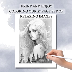 May include: A black and white coloring page featuring a woman with long flowing hair and a castle in the background. The woman is looking to the side and has a serious expression on her face. The castle is partially obscured by her hair and appears to be in ruins.