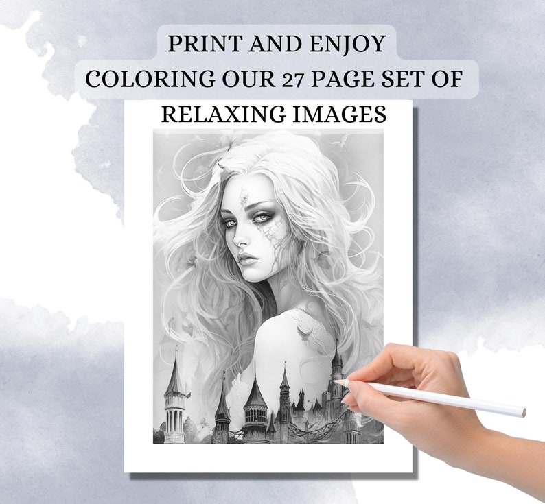 May include: A black and white coloring page featuring a woman with long flowing hair and a castle in the background. The woman is looking to the side and has a serious expression on her face. The castle is partially obscured by her hair and appears to be in ruins.