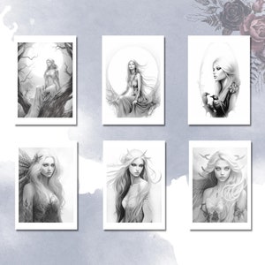 May include: Six black and white illustrations of women with long flowing hair. Each illustration is framed in a white border.