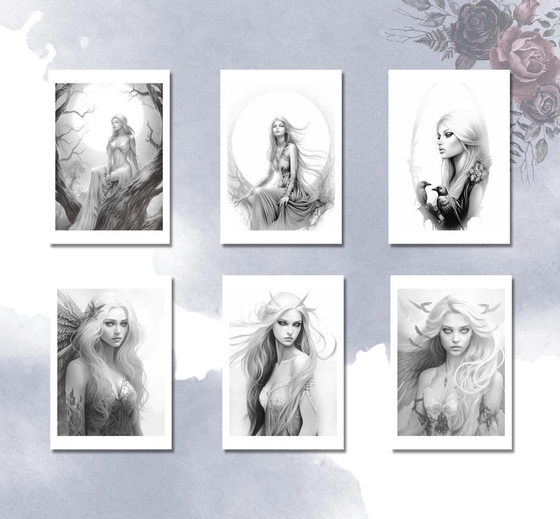May include: Six black and white illustrations of women with long flowing hair. Each illustration is framed in a white border.