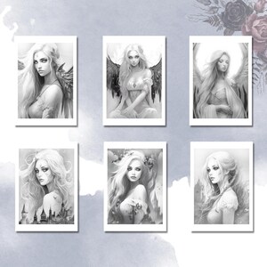 May include: Six black and white illustrations of women with wings. Each illustration is framed in a white rectangle.