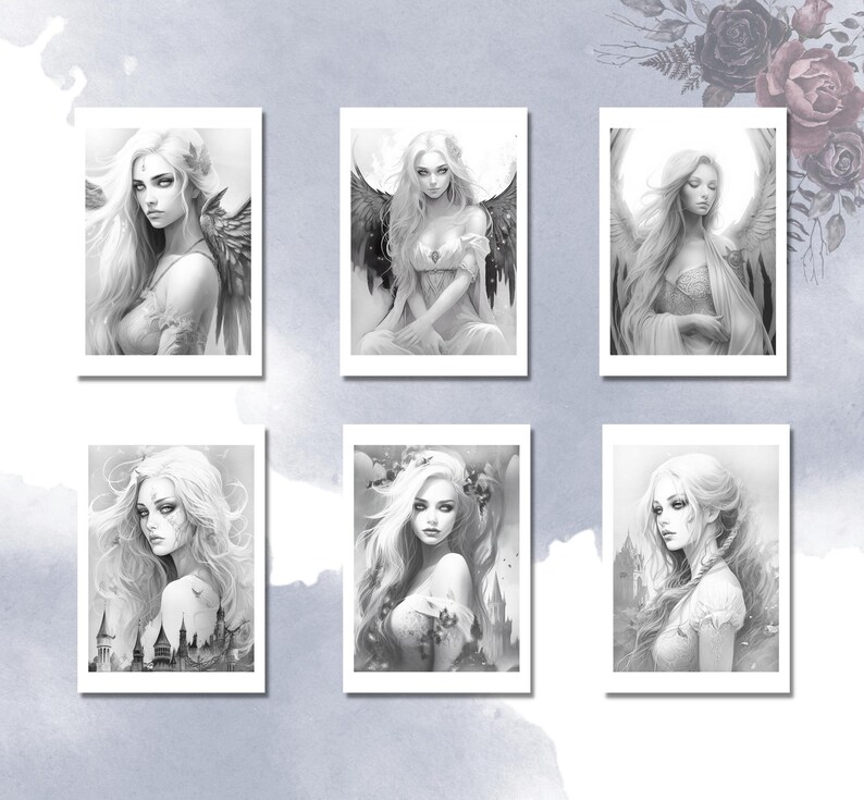 May include: Six black and white illustrations of women with wings. Each illustration is framed in a white rectangle.
